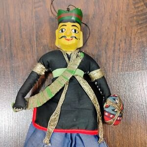 Antique Indian Warrior Wooden Marionette Puppet Hanging Decor Hand Made